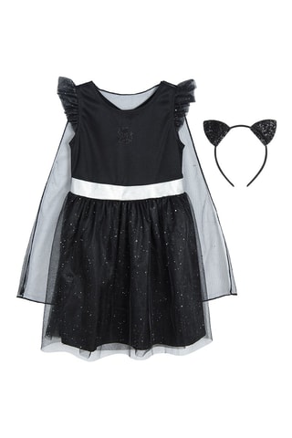 Vestido bi-matéria e bandolete com orelhas Preto