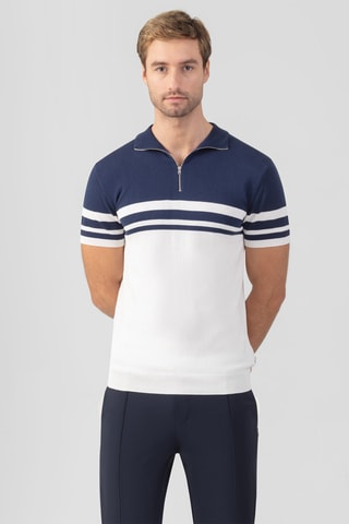 Polo de seda SS25 - Blanco y azul