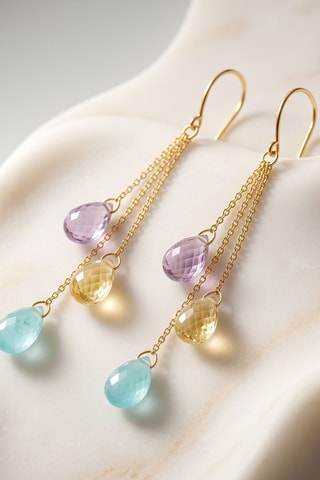 Pendientes - Oro amarillo, amatista, calcedonia y citrino