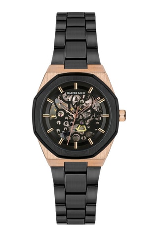 Reloj de cuarzo de acero - Negro y rosa dorado - Walter Bach