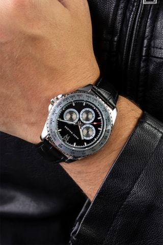 Reloj de cuarzo de piel - Negro y plateado