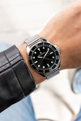 Reloj de cuarzo de acero - Taquímetro - Plateado y negro - Walter Bach