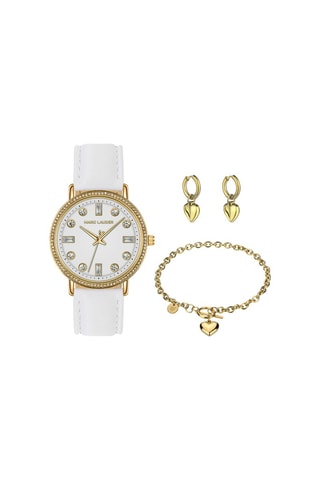 Cofanetto orologio al quarzo in pelle e zirconi, bracciale e orecchini Paris 