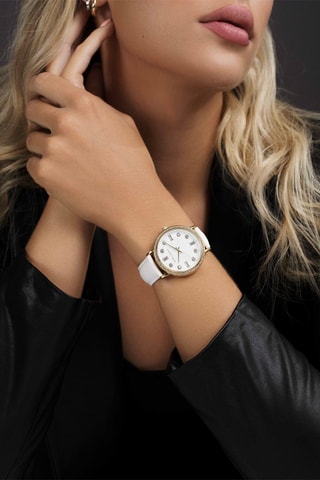 Cofanetto orologio al quarzo in pelle e zirconi, bracciale e orecchini Paris 