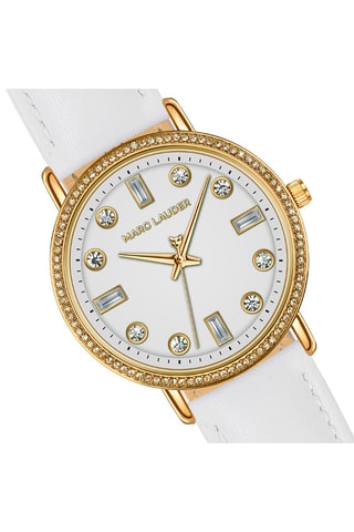 Cofanetto orologio al quarzo in pelle e zirconi, bracciale e orecchini Paris 