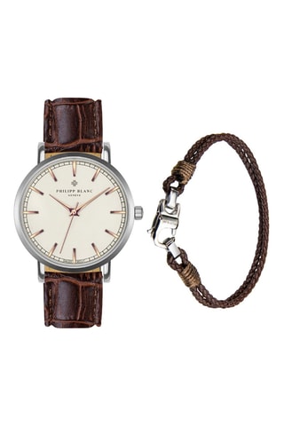 Cofanetto orologio al quarzo in pelle e bracciale in pelle Basel