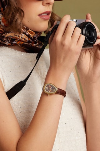 Orologio al quarzo in pelle e zirconi Royalty - Marrone e dorato