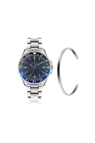 Cofanetto orologio al quarzo in pelle, placcato Ion argento e diamante e bracciale bangle in pelle Olympe