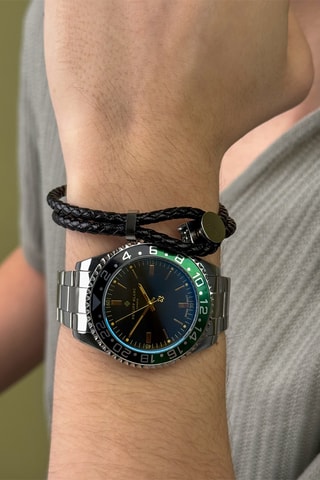 Cofanetto orologio al quarzo in pelle, placcato Ion argento e bracciale in pelle Olympe