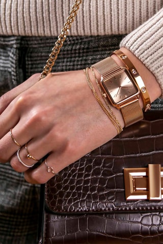 Cofanetto orologio al quarzo in acciaio e bracciale in cristalli Plaza