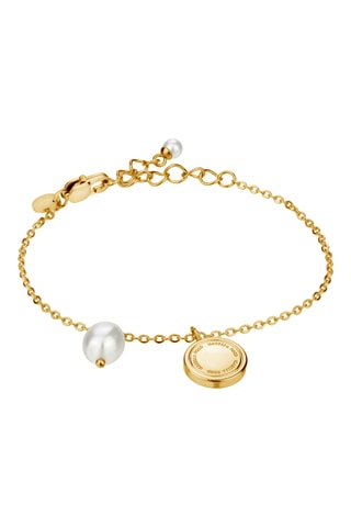 Cofanetto orologio al quarzo in pelle, placcato Ion oro giallo, diamante e madreperla e bracciale Barbara