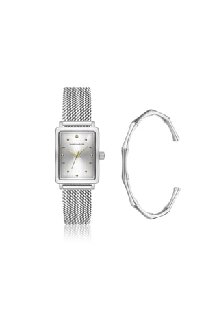 Cofanetto orologio al quarzo placcato Ion argento e diamante e bracciale bangle Isaure