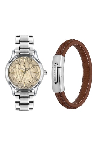 Cofanetto orologio al quarzo in acciaio e bracciale in pelle