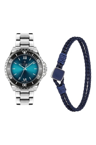 Cofanetto orologio al quarzo in acciaio e bracciale in pelle