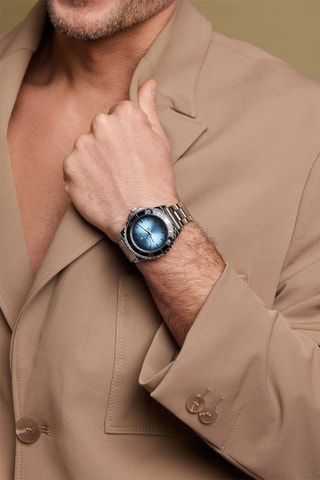Cofanetto orologio al quarzo in acciaio e bracciale in pelle