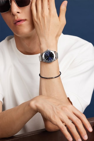 Cofanetto orologio al quarzo in acciaio e bracciale in pelle