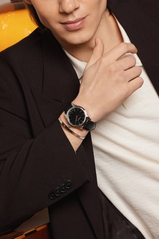 Orologio al quarzo in pelle Huttwil - Nero e argentato