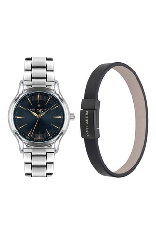 Cofanetto orologio al quarzo in acciaio e bracciale in pelle
