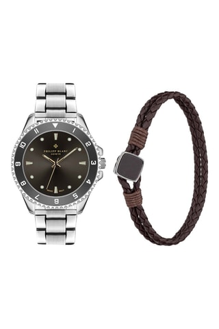 Cofanetto orologio al quarzo in acciaio e bracciale in pelle