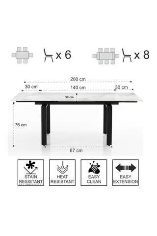 Table à manger extensible en céramique Devin - 140/200 x 76 x 90 cm