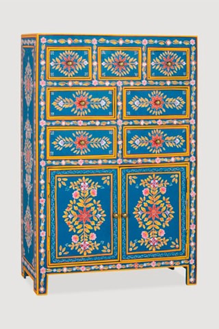 Buffet 2 portes - Bleu et jaune - En bois de manguier - 122 x 80 x 40 cm