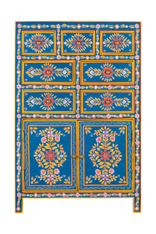 Buffet 2 portes - Bleu et jaune - En bois de manguier - 122 x 80 x 40 cm