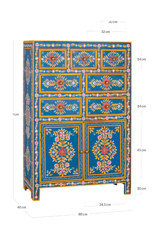 Buffet 2 portes - Bleu et jaune - En bois de manguier - 122 x 80 x 40 cm