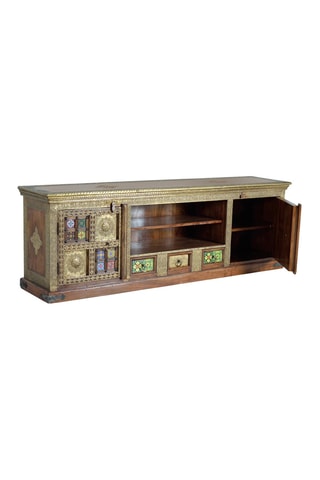 Meuble TV 2 portes en acacia et céramique - 180 x 40 x 60 cm