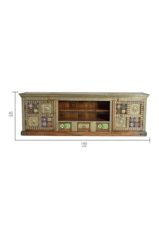 Meuble TV 2 portes en acacia et céramique - 180 x 40 x 60 cm