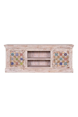 Meuble TV 2 portes en manguier, bronze et céramique - 150 x 40 x 60 cm