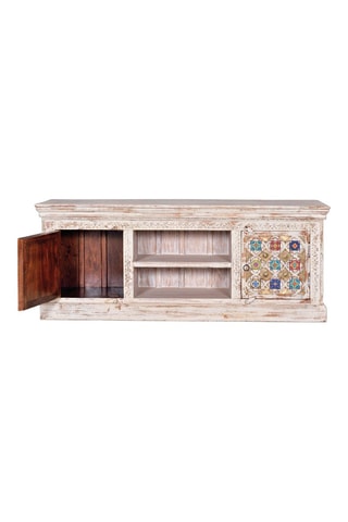 Meuble TV 2 portes en manguier, bronze et céramique - 150 x 40 x 60 cm