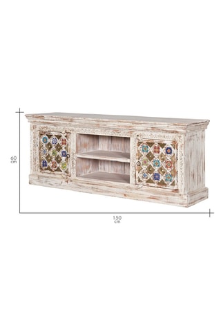 Meuble TV 2 portes en manguier, bronze et céramique - 150 x 40 x 60 cm