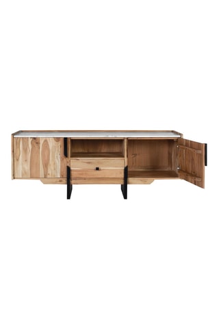 Meuble TV 2 portes en acacia massif et marbre - 145 x 54 x 40 cm