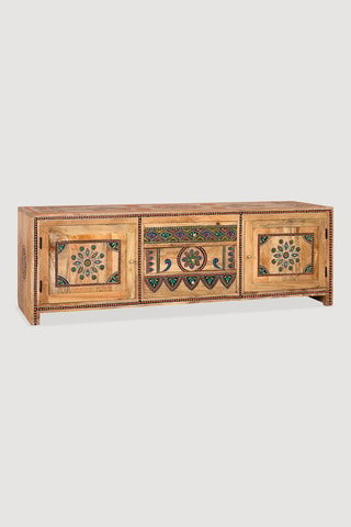 Meuble TV 2 portes en manguier, bronze et céramique - 50 x 150 x 40 cm