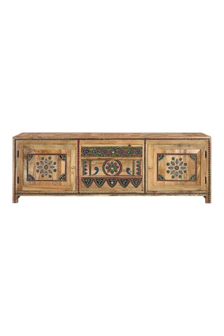 Meuble TV 2 portes en manguier, bronze et céramique - 50 x 150 x 40 cm