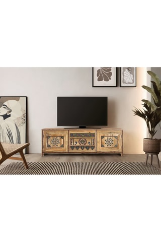 Meuble TV 2 portes en manguier, bronze et céramique - 50 x 150 x 40 cm