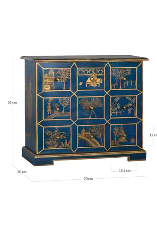 Commode 9 tiroirs en bois de manguier - Bleu et doré - 61 x 70 x 30 cm