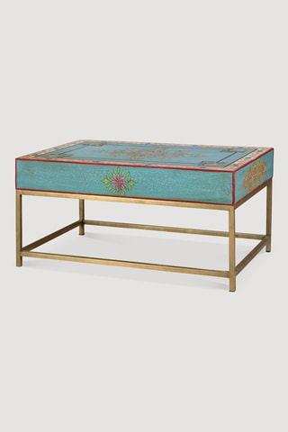 Table basse en bois de manguier - bleu et naturel - 90 x 60 x 46 cm