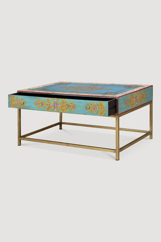 Table basse en bois de manguier - bleu et naturel - 90 x 60 x 46 cm