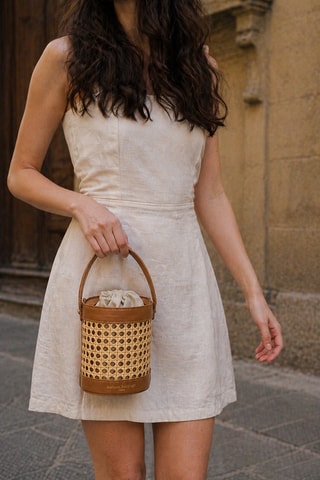 Bolso saco de piel y mimbre Mini Lucci - Camel