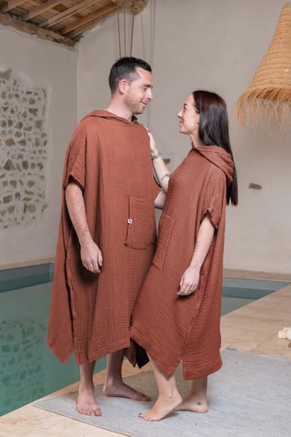 Poncho à capuche en gaze de coton Gaia - 220 g/m² - Terracotta
