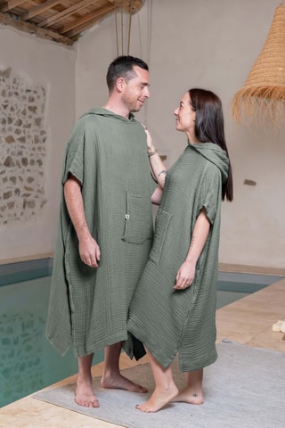 Poncho à capuche en gaze de coton Gaia - 220 g/m² - Romarin