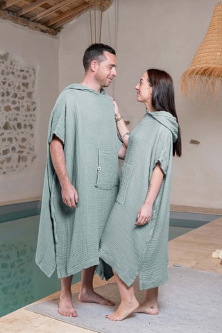 Poncho à capuche en gaze de coton Gaia - 220 g/m² - Eucalyptus
