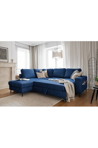 Canapé d’angle gauche convertible Lofty Lilly - Bleu marine - 6 places - En velours côtelé  toucher velours
