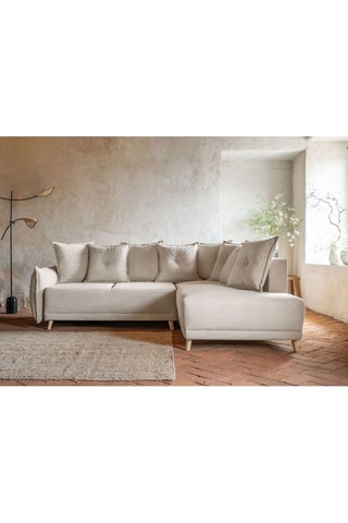 Canapé d’angle droit convertible Lazy Lukka - Beige - 6 places - Toucher velours