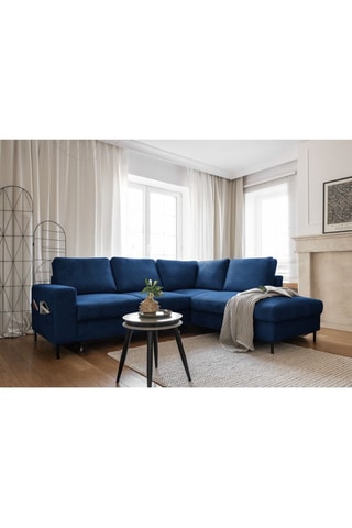Canapé d’angle droit convertible Lofty Lilly - Bleu marine - 6 places - En velours côtelé  toucher velours