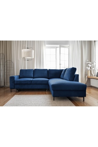 Canapé d’angle droit convertible Lofty Lilly - Bleu marine - 6 places - En velours côtelé  toucher velours