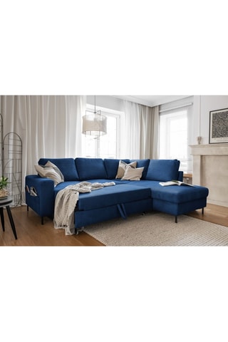 Canapé d’angle droit convertible Lofty Lilly - Bleu marine - 6 places - En velours côtelé  toucher velours