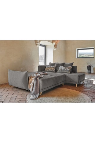 Canapé d’angle droit convertible Lazy - Gris foncé - 6 places - En tissu chenille anti-tâche