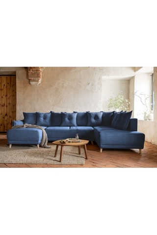 Canapé d’angle droit panoramique convertible Lazy - Bleu marine - 8 places - En velours côtelé